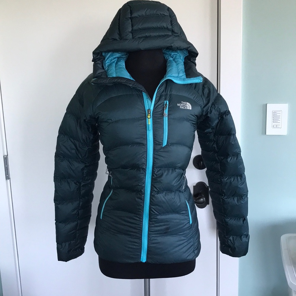 North Face blue hip length puffer jacket